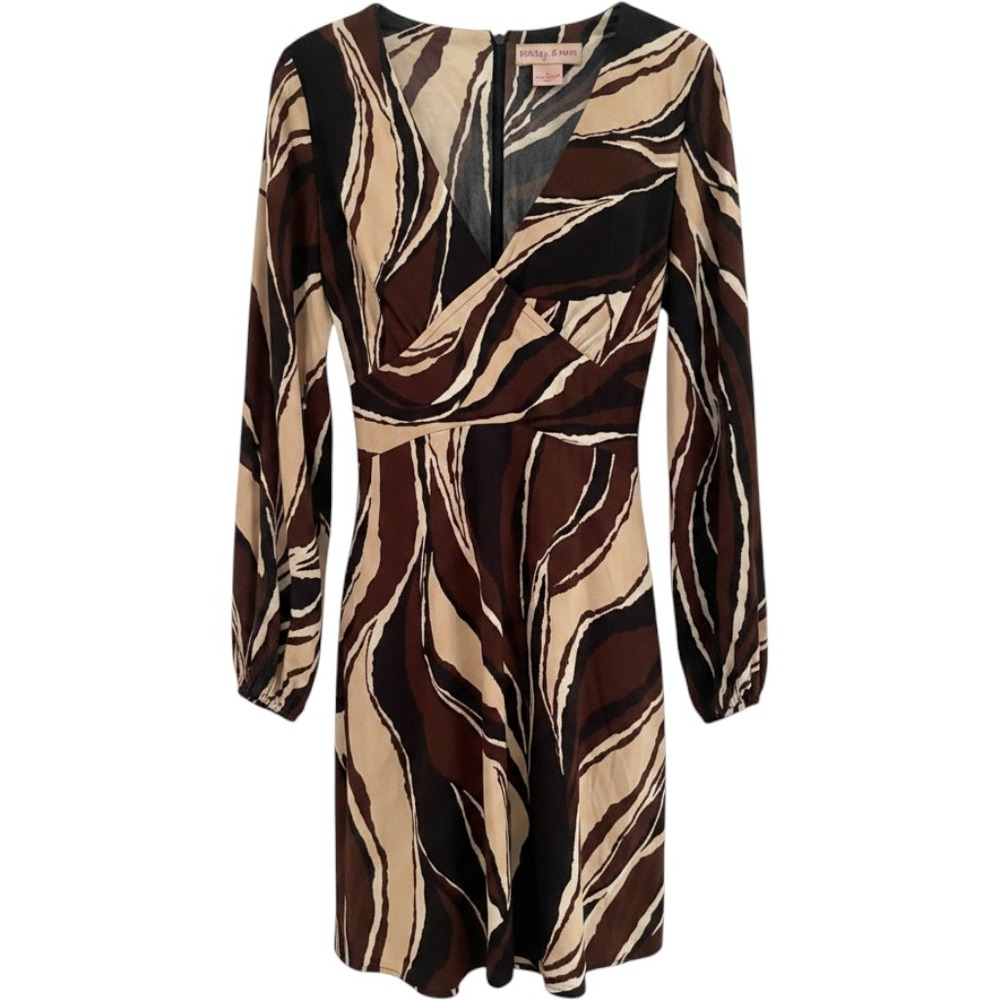 Becky & Max Brown Cream Abstract Swirl Long Sleeve Mini‎ Dress Party Event M